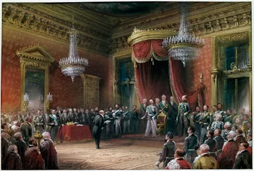 Risorgimento - Carlo Farini (1812-1866) présente à Victor Emmanuel II (Victor Emmanuel) (Vittorio Emanuele) (1820-1878) le pacte d