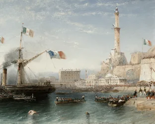 Les troupes françaises débarquent à Gênes en avril 1859 (tempera)