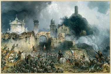 La bataille de Solferino entre les troupes autrichiennes et franco-piémontaises ... (eau-forte)