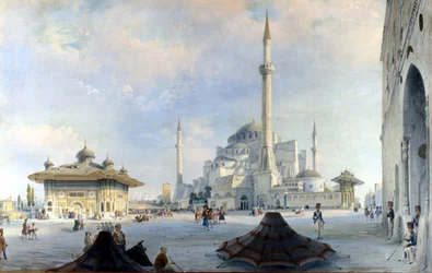 La mosquée de Constantinople : Sainte-Sophie (Hagia Sophia). Peinture de Carlo Bossoli
