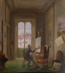 Le peintre Giuseppe Canella travaillant sur une toile dans son atelier, vers 1830
