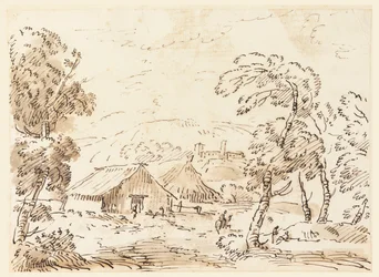Habitation paysanne et château dans une campagne montagneuse