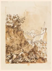 Dessin, Paysage avec ville de montagne, 1760-80