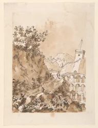 Dessin, Paysage avec ville de montagne, 1760-80