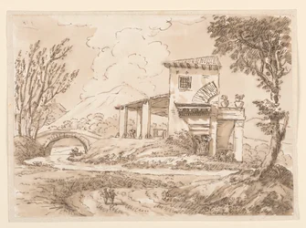 Dessin, Paysage avec villa, 1750-60