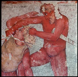 Civilisation étrusque : « représentation du sacrifice des prisonniers troyens en hommage à Patrocle » reproduction par Carlo Ruspi (1786-1863) des fresques du IVe siècle av. J.-C. de la tombe François de Vulci. Florence, Musée archéologique
