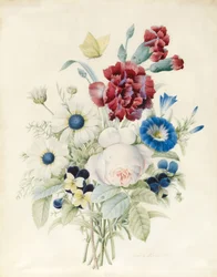 Un bouquet de fleurs comprenant une rose, une convolvulus bleue et des pensées, 1830