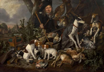 Gentleman chasseur avec sa meute de chiens et ses trophées de chasse