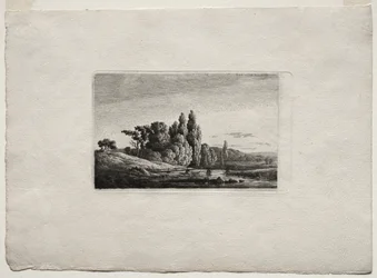 Passerelle avec croix devant des arbres à une rivière, vers 1803