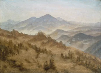 French : Montagnes par temps de brouillard Paysage avec le Rosenberg dans les montagnes de Bohème