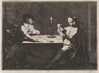 Partie de cartes entre un jeune homme et le diable