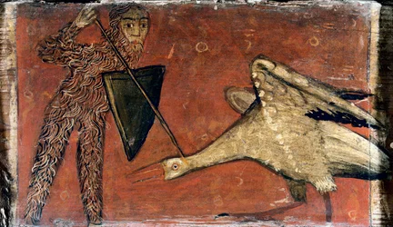 Combat entre un chevalier et une grue, Panneau de plafond