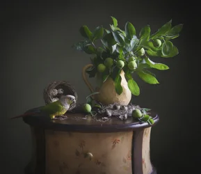 Nature morte au perroquet vert