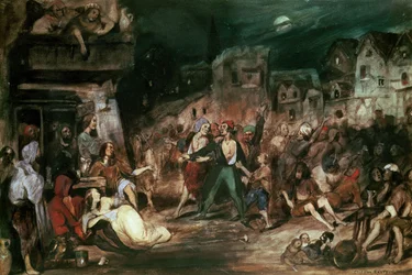 Gringoire à la Cour des miracles, illustration du chapitre VI de « Notre-Dame de Paris » de Victor Hugo (1802-85), 1835