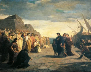 Agrippine arrivant au port de Brindisi avec les cendres de Germano, par Cesare Caroselli (1847-1927), dynastie Julio-Claudienne, Italie