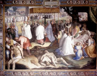 Peste de Milan : Saint Charles Borromée (San Carlo Borromeo) (1538 - 1584) communie les mourants. Fresque de Carlo Nebbia au Collège Borromée à Pavie. 16ème siècle