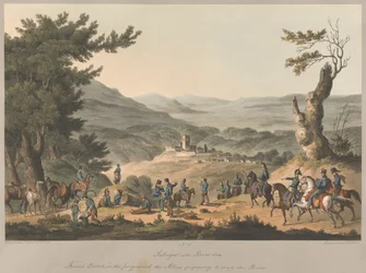 No.5. Sabugal sur la Rivière Coa, piquets français au premier plan, les Alliés se préparant à traverser la rivière