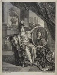 Louis XIV (1638-1715), Roi de France, Protecteur des Sciences - gravure par Antoine Coypel dans "Histoire de l