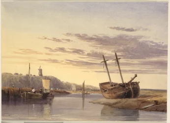Bateaux de pêche dans le port de Rye, avec un moulin à vent au loin