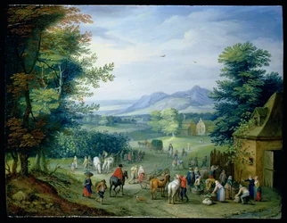 La récolte des raisins, personnages dans un paysage campagnard