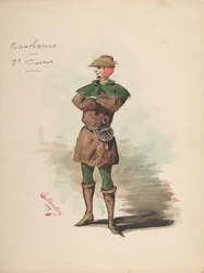Conception de costume pour Touchstone [a], feuille descriptive du costume et des accessoires