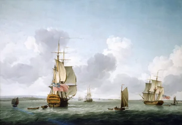 Un navire à deux ponts et une frégate remontant la Tamise (Angleterre), au large de Gravesend