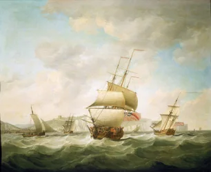 Navire marchand et yacht royal battus par le vent, au large de la côte de Douvres