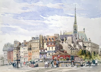 Sainte-Chapelle et Palais de Justice par le quai Pont Saint-Michel". Aquarelle. Charles Claude Pyne (1802-1878) Paysagiste et peintre de genre anglais. Paris, France