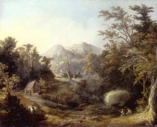 Paysage avec ferme et montagnes