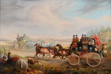 Hull-London Royal Mail rencontrant un chariot de voyage sur la route, vers 1835
