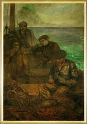 Pays de la mer - triptyque, panneau gauche : Ceux qui partent (peinture sur toile)