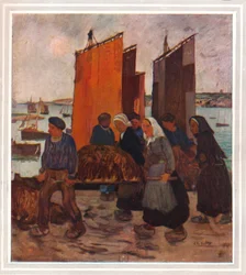 Pêcheurs bretons débarquant du goémon, vers 1903