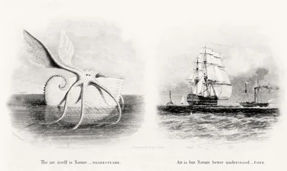 Un calmar géant et deux navires en mer, gravé par George Cooke (1781-1834)