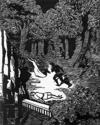 Gravure sur bois par Charles Doudelet (1861-1938) pour Pelléas et Mélisande de Maurice Maeterlinck (1862-1949), publié par Claudio Argentieri, Spoleto, Italie