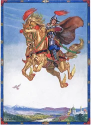 Le cheval volait dans les airs, scène de Le Chevalier des Fleurs dans Contes pour enfants des légendes roumaines par Moses Gaster (1856-1939) 1921