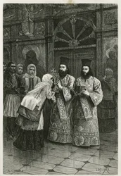 Prêtres donnant à baiser les images saintes, gravure de Ch. Delort pour illustrer le voyage d