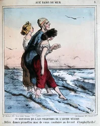 Homme traditionnel escortant deux jeunes femmes pour se baigner dans la mer, vers 1850-70