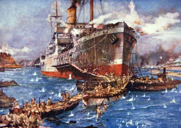 Troupes britanniques du fleuve Clyde débarquant à V Beach, Gallipoli, 25 avril 1915