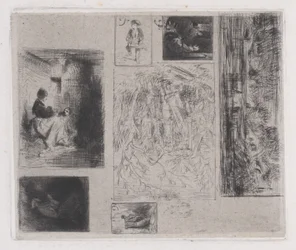 Planche composite : Femme et enfants a, Vieux musicien b, Marchand de friture c, Paysage ..., 1843