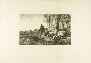 Troupeau de cochons avec porcher