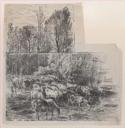 Bouvier et bétail au gué, vers 1850