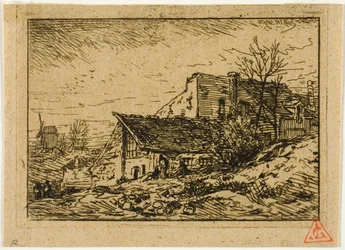 Paysage avec habitations paysannes et moulin