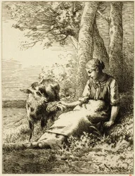 Berger avec troupeau de moutons au bord du bois