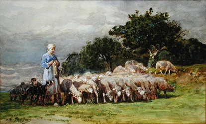 Une bergère avec un troupeau de moutons