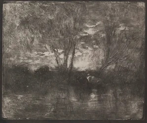 Vaches à un abreuvoir, impression originale 1862, imprimée en 1921