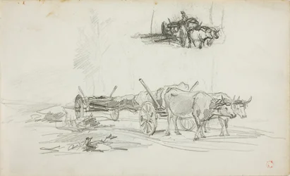 Deux croquis de bœufs tirant un tronc d
