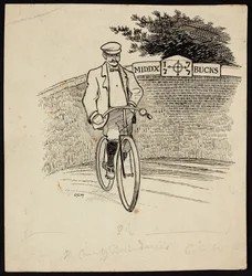 Un homme à vélo devant un panneau marquant la frontière entre le Middlesex et le Buckinghamshire