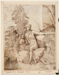 John Deare assis sur un rocher les jambes croisées, devant des arbres, avec son chapeau haut-de-forme à côté de lui