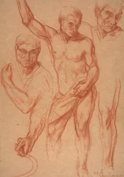 Étude de figure masculine avec ré-études de la tête, des bras, de l