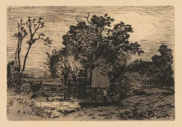 [Cottage et deux personnages dans un bateau], 1878